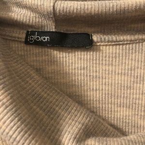 Lightweight tanish grey top with cowl neck and shirred sides